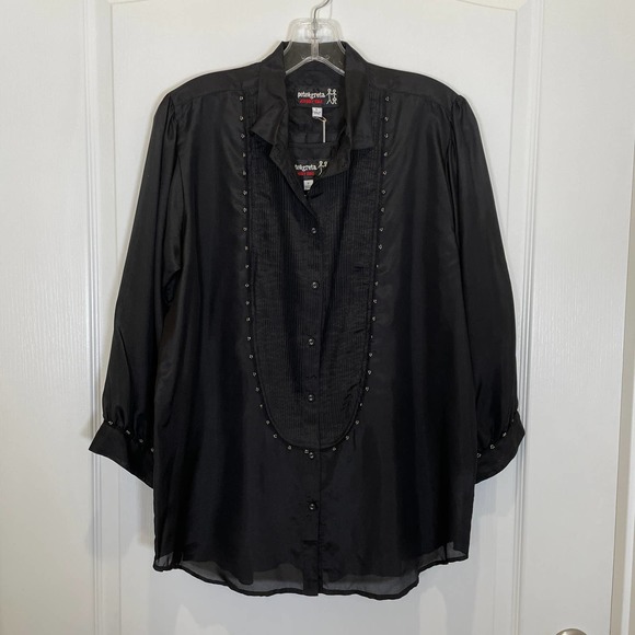 Johnny Was Pete & Greta 2-Piece Black Silk Blouse Beaded with Cami S - Picture 1 of 7
